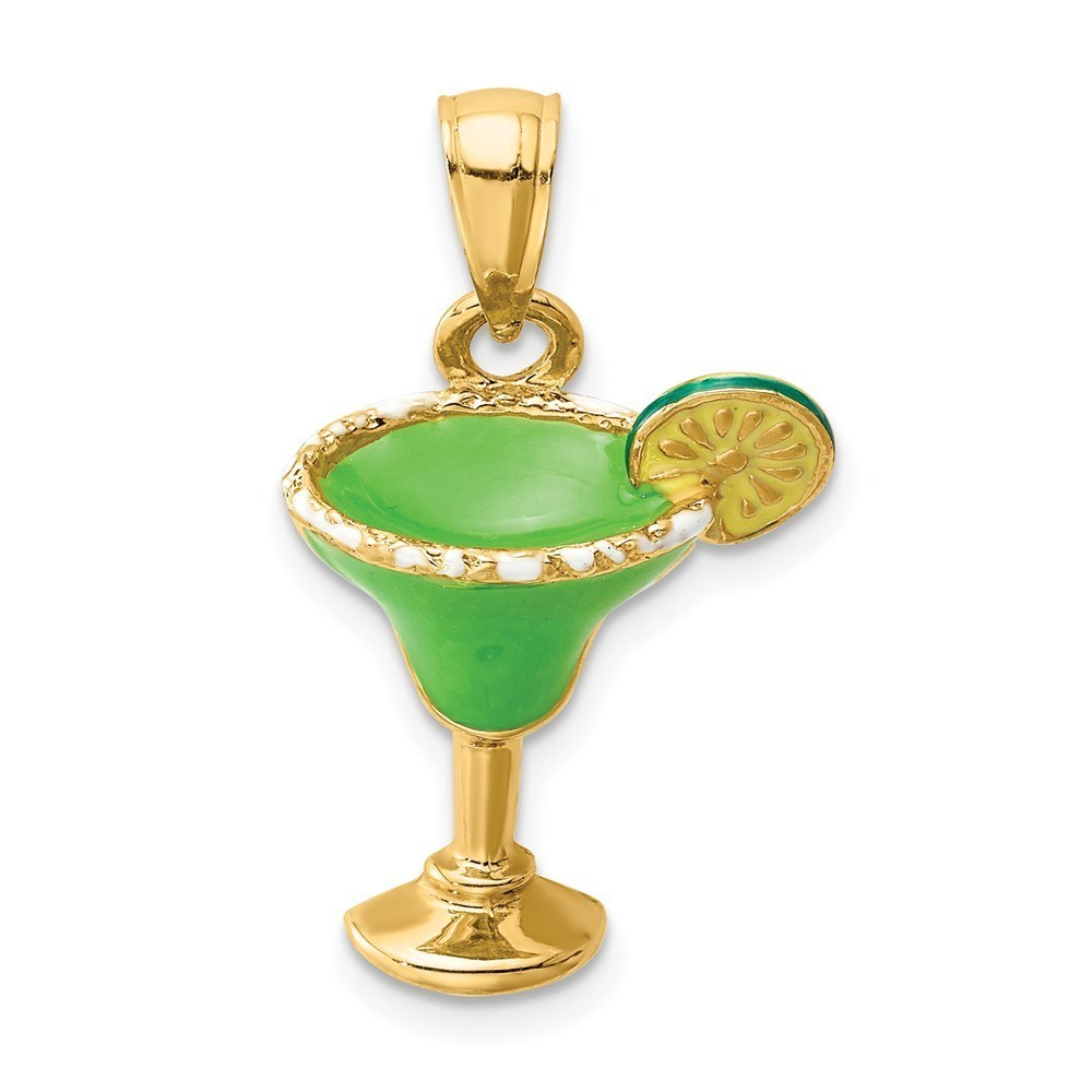 14k Yellow Gold 2-D Green Enameled Salted Margarita Drink w/Lime Charm Pendant